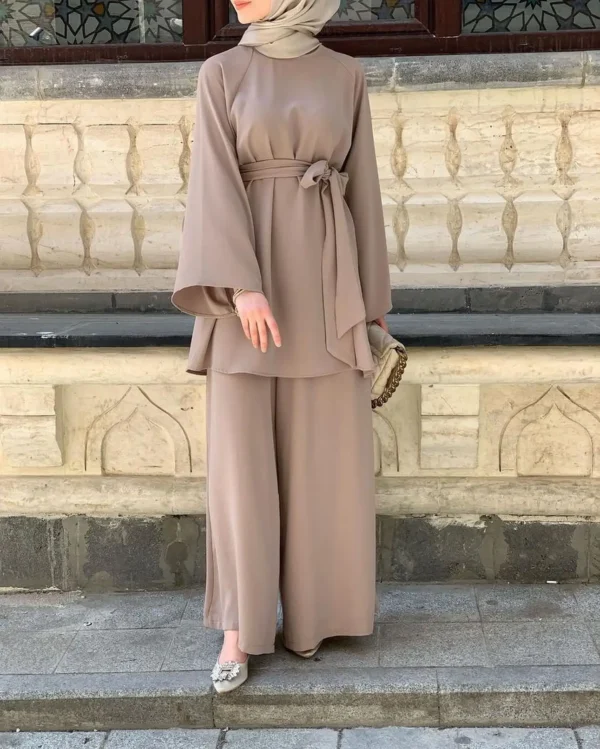 Eid Muslim Two Piece Set Islam Women Lace Up Shirt Wide Leg Pants Suits Ramadan Turkey Outfits Modest Morocco Abayas Ensembles - Image 7