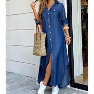Long Sleeve Dress Plaid Robe Maxi Beach Dress Summer Elegant Women Button Irregular Shirt Dress Split Print Lapel Party Robe - Image 4