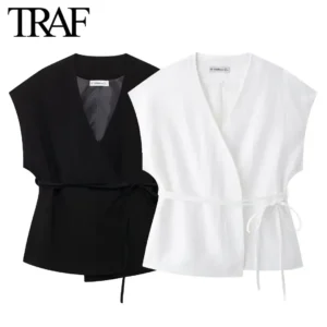 Traf Frauen Mode Sommer neue Leinen gemischt V-Ausschnitt Weste Top schicke Büro Dame Hose Plissee Hose hohe Taille zweiteilig Set - Image 3