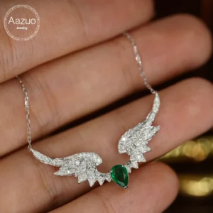 Aazuo Real 18K Solid White Gold Jewelry Natural Emerald Real Diamonds Double Wings Shpae Necklace With Chain Gifted For Women