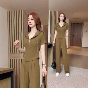 Slimming Ice Silk Wide Leg Pants Two Piece Set Summer Casual Sportswear Women's Fashionable New Style Thin Lightweight Ensemble - Image 3