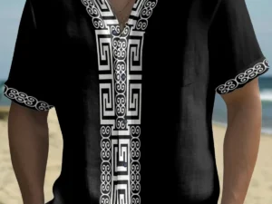 Mens Shirt Short Sleeve Casual Vintage Ethnic Print Button Shirt Summer Beach Shirt Camping Shirt Short Sleeve Mens Formal Shirt