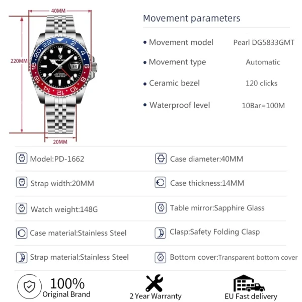 PAGANI DESIGN V3 Version GMT Watches Men's Luxury Sapphire Automatic Mechanical Watch 40MM Stainless Steel Waterproof Watch - Image 7
