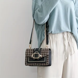 Chic Mini Plaid Tweed Crossbody Bag with Adjustable Strap, Fashionable Buckle Closure - Available in Cream, Green, Blue, Black - Image 3