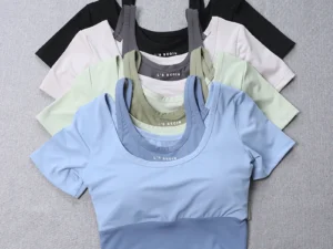 Women's 2-in-1 Built-in Bra Tight Yoga Top Quick-Dry Cropped Workout Shirt Summer Fitness Training Short Sleeve