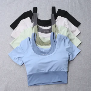 Women's 2-in-1 Built-in Bra Tight Yoga Top Quick-Dry Cropped Workout Shirt Summer Fitness Training Short Sleeve