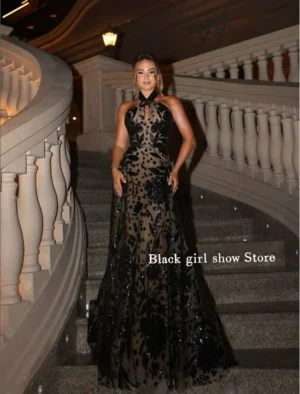 Black Sexy See-Through Prom Dress Customized Hanging Neck Floral Appliques A-Line Middle East Birthday Party Long فساتين سهرة - Image 4