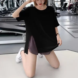Women's yoga sports short sleeved, split quick drying loose cover shirt, thin yoga T-shirt, plus size fitness top - Image 3