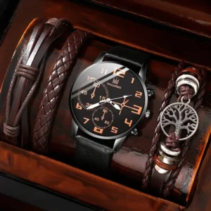 5PCS Set Fashion Mens Sports Bracelet Watches For Men Retro Big Dial Quartz Wrist Watch Classic Male Casual Brown Leather Watch - Image 7