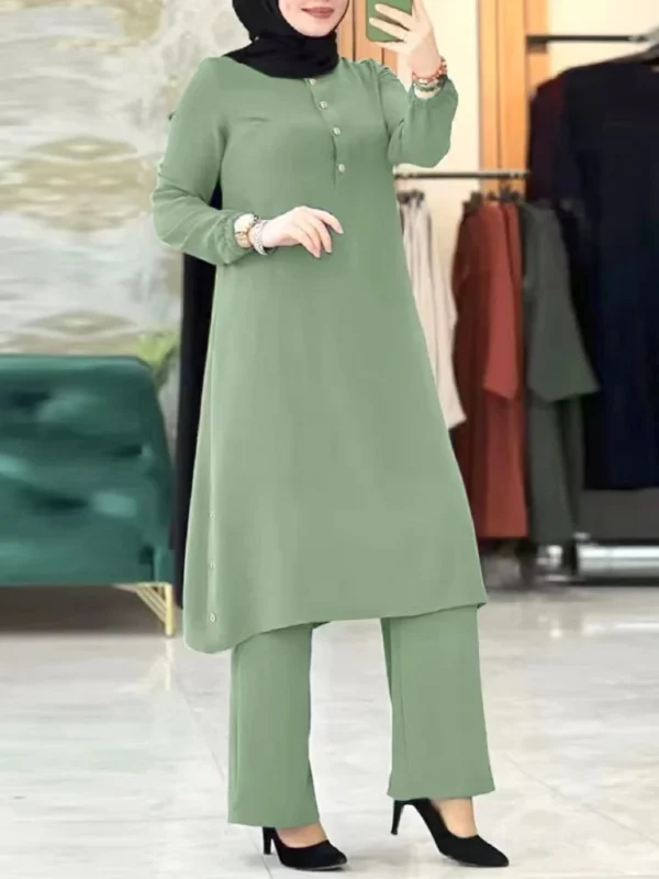 Arab Women Eid Muslim Two Pieces Set Blouse & Wide Leg Pant Musulman Ensemble Belt Single Button Shirt Ramadan Modest Clothing - Image 5