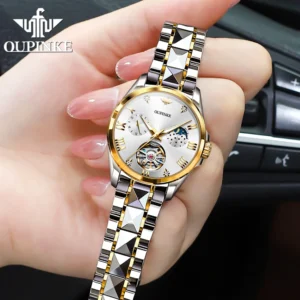 OUPINKE 3202 Women Watch Original Tungsten Steel Moon Phase Waterproof Watch Luxury Swiss Brand Women Automatic Mechanical Watch - Image 4