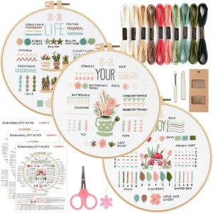 3 Sets Embroidery Kit for Beginners, Embroidery Starter Kit Stitches Practice Kit Stamped Cross Stitch Sets with Tools - Image 3