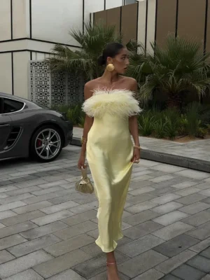 Elegant Yellow Satin Feather Long Vestido Women Sexy Strapless Backless Off Shoulder Slim Fit Dresses 2025 New Party Street Gown - Image 6