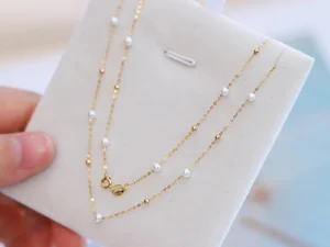 Real 18K Gold Natural Freshwater Pearl Necklace Solid Small Ball Golden Jewelry Genuine AU750 For Women Fine Gift x0004