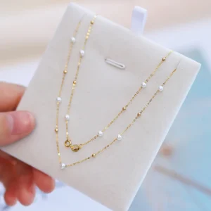 Real 18K Gold Natural Freshwater Pearl Necklace Solid Small Ball Golden Jewelry Genuine AU750 For Women Fine Gift x0004