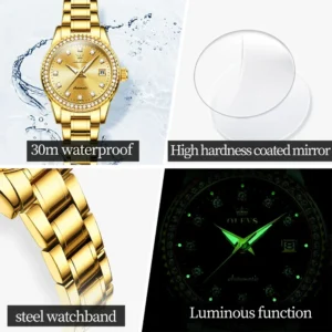 OLEVS Automatic Mechanical Watch for Women Diamond Calendar Dial Stainless Steel Waterproof Luminous Elegant Women's Wristwatch - Image 6