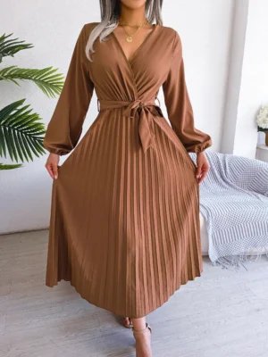 Women Elegant V Neck Long Sleeve Pleated Maxi Dress - Image 5