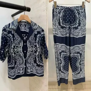 Vintage Print Women Single Breasted Short Sleeve Shirt Tops + High Waist Straight Leg Pants Summe New 2025 Set - Image 4