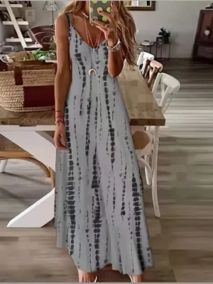 Women's Casual Loose V-neck Tie Dye Printed Spaghetti Maxi Dress Summer Beach Vacation Long Dress - Image 7