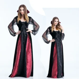 2018 New Vampire Queen Women's Long Dress Bat Cane Halloween Nightclub Bar Noble Uniform Dance Performance Costume