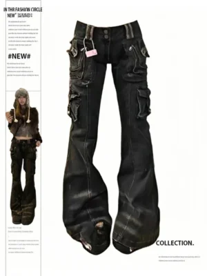 2025 Lace Up Flare Jeans Retro Stitch Lace Whiskers Slim Low Rise Split Bootcut Pants Women Bottoms Streetwear Chic - Image 4
