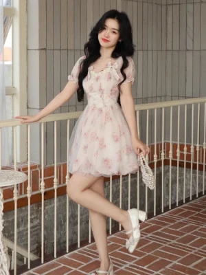 Floral Sweet Fairy Bodycon Dresses for Women Elegant Party Print French Female Korean Fashion Cute Mini Dress Summer 2024 Pink - Image 3