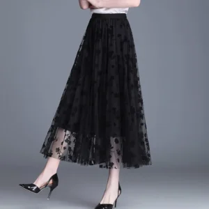 GIDYQ Korean Women Mesh Skirt Fashion Hook Flower Loose Midi Skirt Elegant Female Casual All Match Skirts Summer New - Image 4