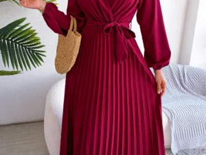 Women Elegant V Neck Long Sleeve Pleated Maxi Dress