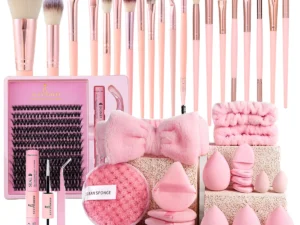 Makeup Brushes and Sponges Set, Pink Makeup Puff, Headband, Wristband Remover , 8-16mm DIY Eyelash Extension Kit makeup tool