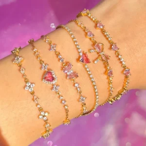 Y2K Exquisite Sweet Pink Zircon Bowknot Love Heart Chain Bracelet For Women Girls Party Birthday Jewelry Gift - Image 3