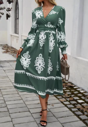 Vintage Printed Dresses For Women 2024 New Spring Autumn Midi Dress V-neck Long Sleeve Casual A-Line Hem Holiday Dress - Image 3
