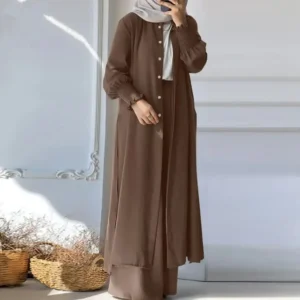 Muslim 2 Piece Women Long Coat Wide Leg Pants Suit Ramadan Morocco Dubai Islam Casual Ensemble Kimono Musulmane Arabic Outfits - Image 4