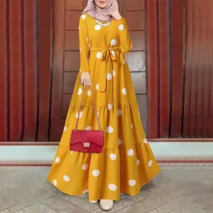 New Muslim Casual Large Polka Dot Print round Neck Overhead Long Sleeve Belted Full Skirt Long Robe Dress Elegant Women's Wear - Image 3