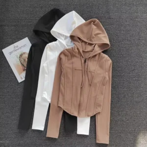Women's Yoga Coat Short Sports jacket Fitness Yoga Shirt Cycling Running Coats Zipper jacket Hooded Long Sleeve Sports Jacket