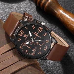 5PCS Set Fashion Mens Sports Bracelet Watches For Men Retro Big Dial Quartz Wrist Watch Classic Male Casual Brown Leather Watch - Image 5