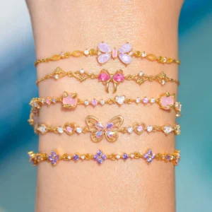 New Luxury Pink Crystal Bowknot Cubic Zirconia Pendant Bracelet Women Blue Butterfly Shiny Rhinestone Bangle Jewelry