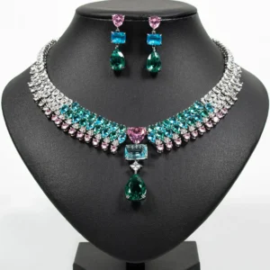 Luxury Multi-colour Jewellery Teardrop Zirconia Women's Summer Necklace Earrings Accessory Set Party Prom Dinner Festivals M-355 - Image 4