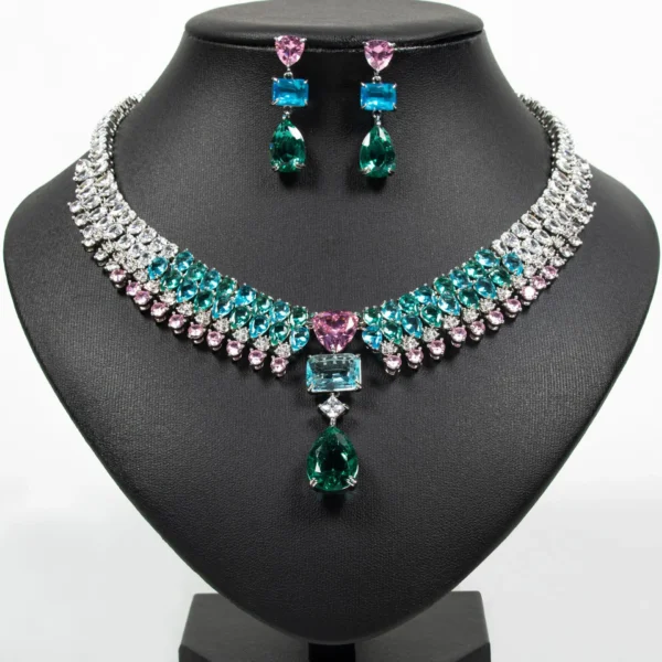 Luxury Multi-colour Jewellery Teardrop Zirconia Women's Summer Necklace Earrings Accessory Set Party Prom Dinner Festivals M-355 - Image 4