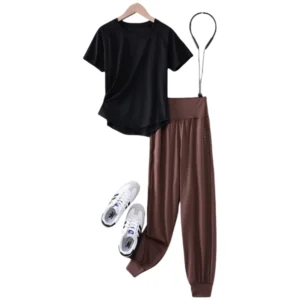DRUR S-4XL Yoga Set Women Sport Shirts Gym Pants Set 2 Piece Short Fitness Tops Sweatpants Suit Female Summer Sportswear Outfit - Image 5