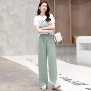 Fashionable Women's Summer Outfit 2023 Korean Style Short Sleeve Top And Wide Leg Pants Casual Two Piece Set Elegant Leisure - Image 5