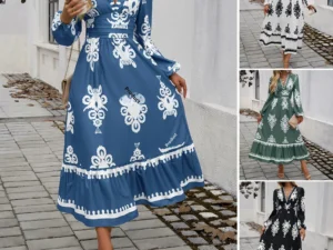 Elegant Print V-Neck A- Line Dress Women's Autumn Winter Fashion Dress Classy Skirt Elegant Style Cross-Border Clothing