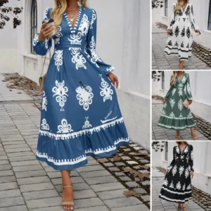 Elegant Print V-Neck A- Line Dress Women's Autumn Winter Fashion Dress Classy Skirt Elegant Style Cross-Border Clothing