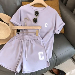 2 Pcs/Set Summer Women Tracksuit O Neck Letter Print Pure Color Short Sleeve T-shirt Drawstring Elastic Waist Shorts For Sport - Image 5