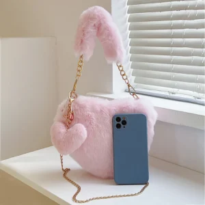 Faux Fur Heart-shaped Women Small Handbags Fluffy Plush Ladies Chain Shoulder Bag Fashion Female Furry Daily Clutch Purse - Image 4