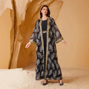 Gold embroidered mesh splicing two-piece set of Muslim women's top Arabic Dubai Summer Gurbang Festival Fashion Islamic Clothing