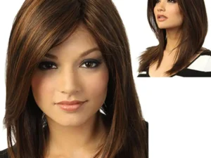 Women Dark Brown Long Straight Partial Bangs Full Wig Heat Resistant Party Hair