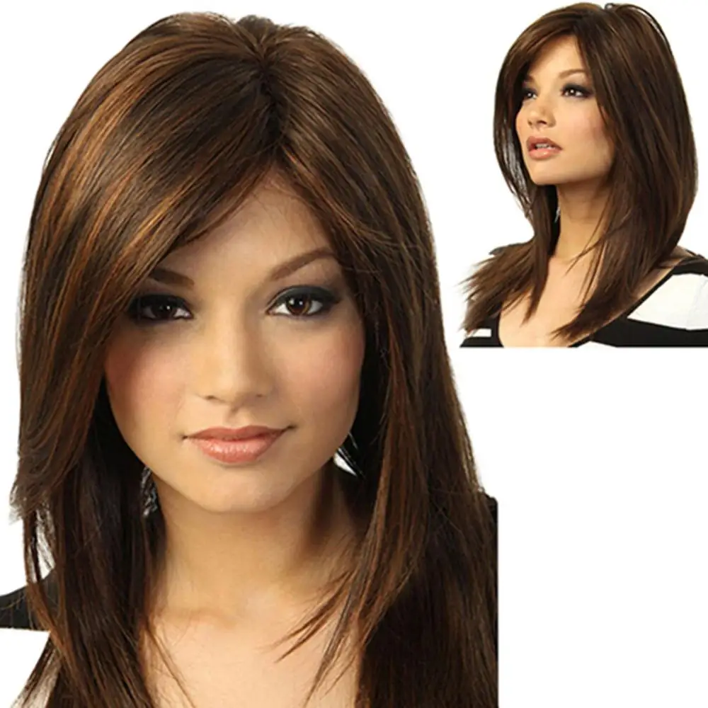 Women Dark Brown Long Straight Partial Bangs Full Wig Heat Resistant Party Hair