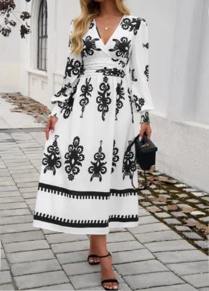 Vintage Printed Dresses For Women 2024 New Spring Autumn Midi Dress V-neck Long Sleeve Casual A-Line Hem Holiday Dress - Image 5