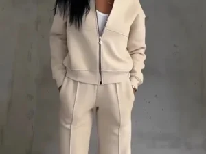 Women's Autumn Solid Color Sportwear Tracksuit Casual Zipper Sweatshirt Coat and Straight Pant Sets Winter Long Sleeve 2pcs Suit