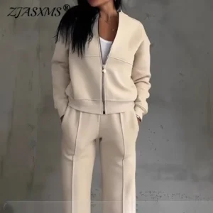 Women's Autumn Solid Color Sportwear Tracksuit Casual Zipper Sweatshirt Coat and Straight Pant Sets Winter Long Sleeve 2pcs Suit